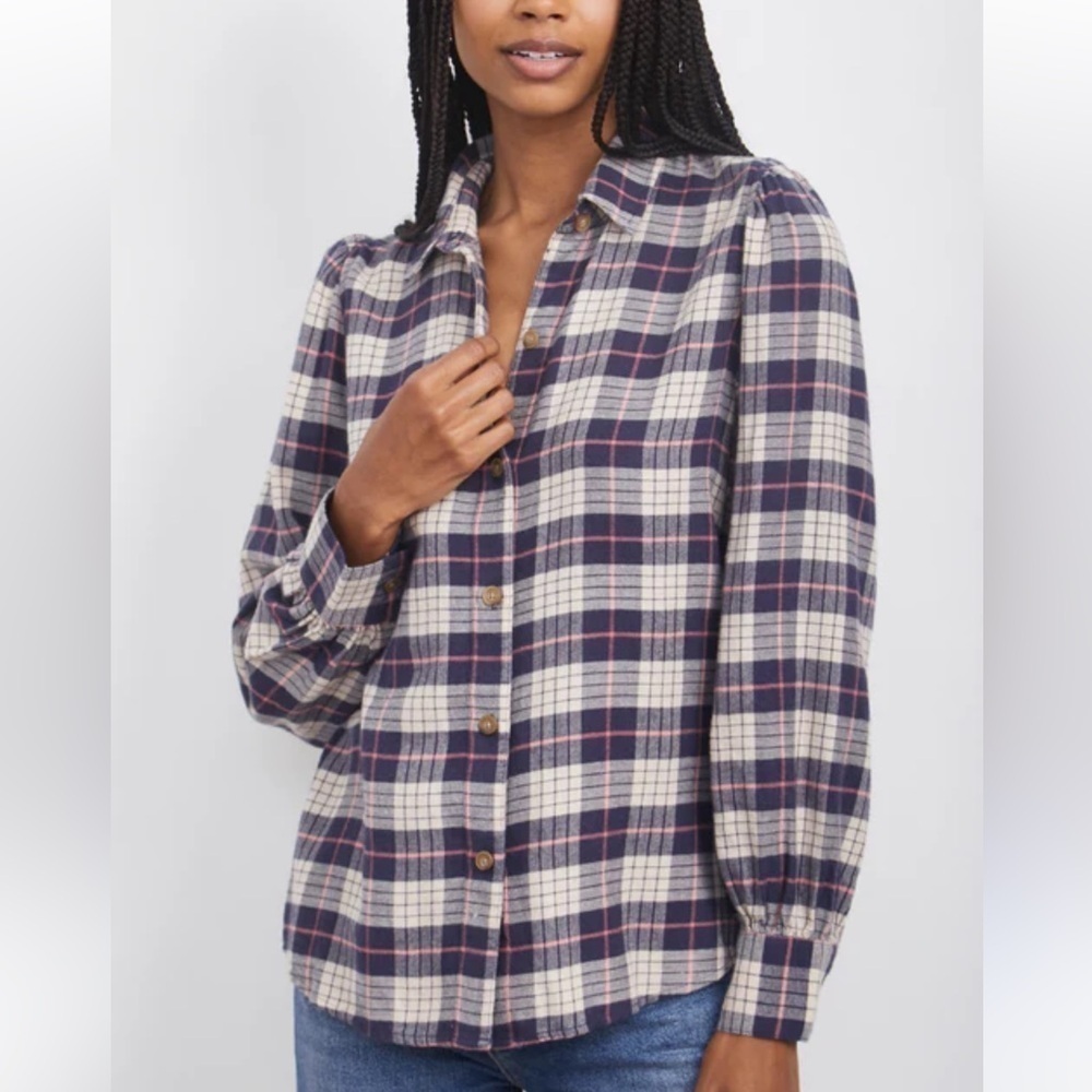 Rails Angelica Puff Sleeve Almond Pink Navy Plaid Button Up Shirt Size XS